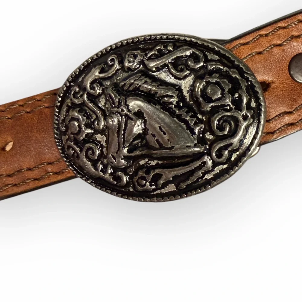 Brown Leather Belt with Horse Silver‎ Buckle Made in USA Med 33” Cowhide